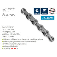 KMC E1 Chain 1/2 x 3/32" Single Speed EPT (Silver/Silver)